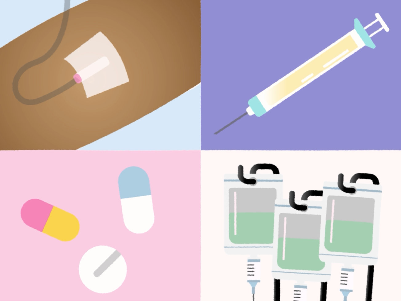 Mockup of an assortment of medicine and procedures needed on ECMO, such as pills, injections etc.