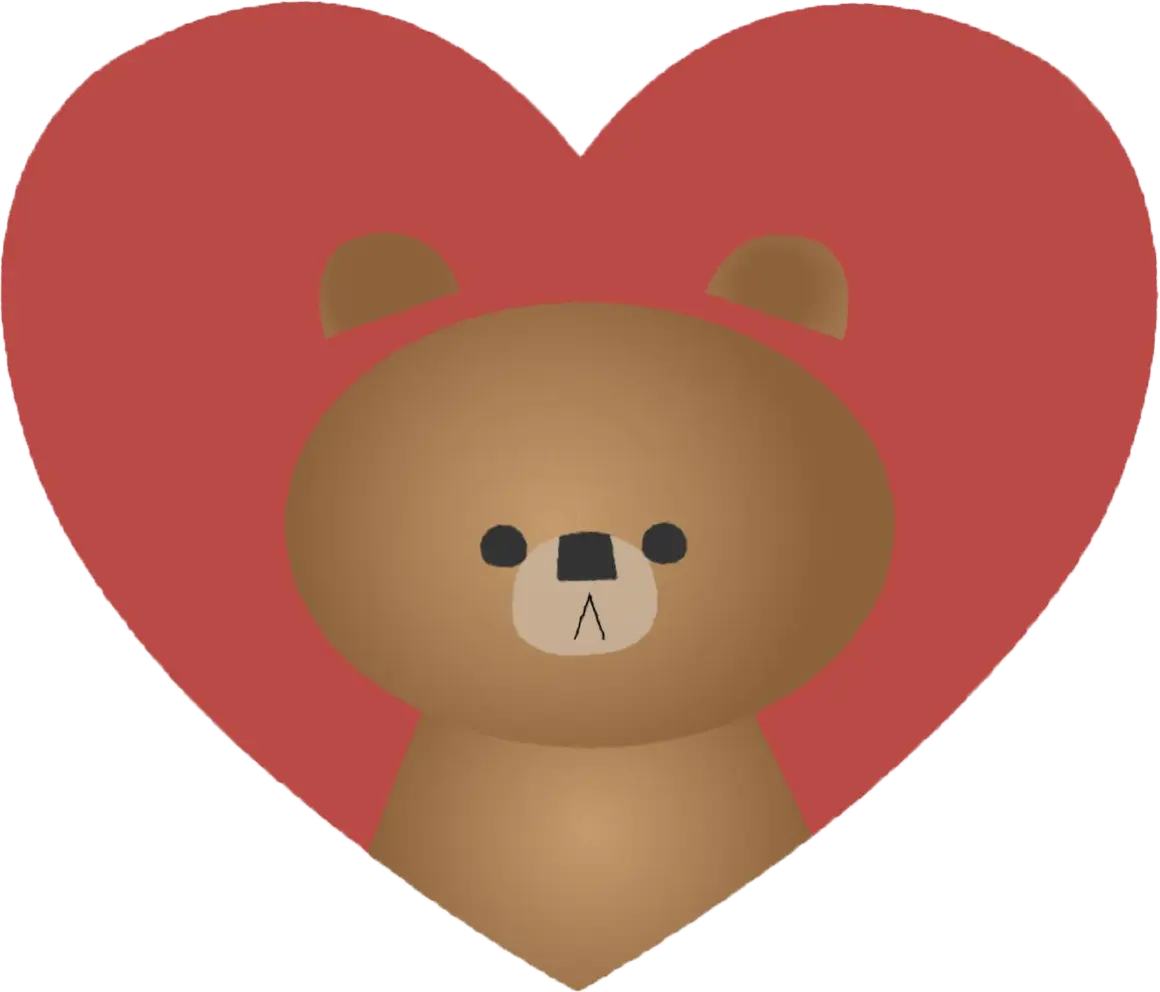 A brown cartoon bear in front of a big red heart